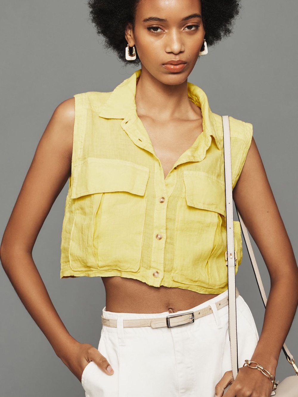 Pilcro Cropped Yellow Button-Front Linen Blend Tank